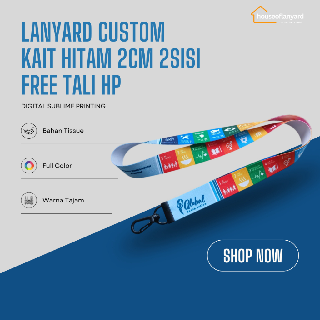 

Lanyard Custom 2cm Kait Black Nikel SATUAN Cetak Tali Name Tag Full Print Bahan Tissue Desain Bebas