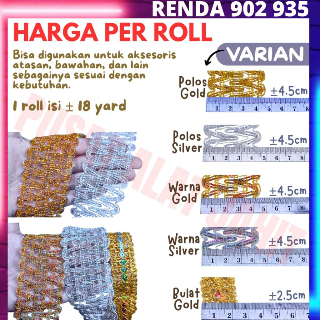 Renda india gold emas perak silver polos warna warni pelangi bulat motif bentuk ular adat india meli