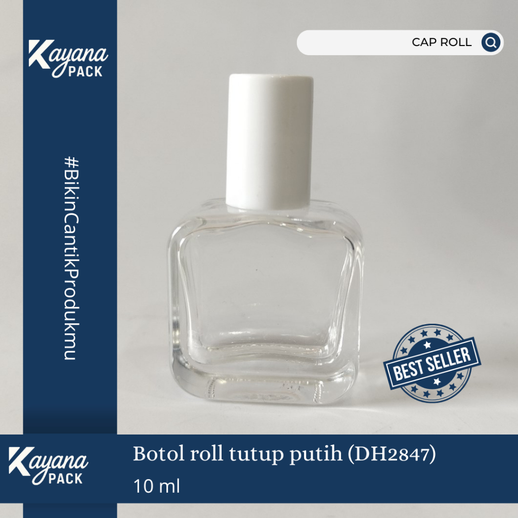 Botol Parfum Kaca Kotak Bahu Bulat Clear Roll On 10ml Tutup Putih atau Tutup Hitam / Botol Parfum Ka