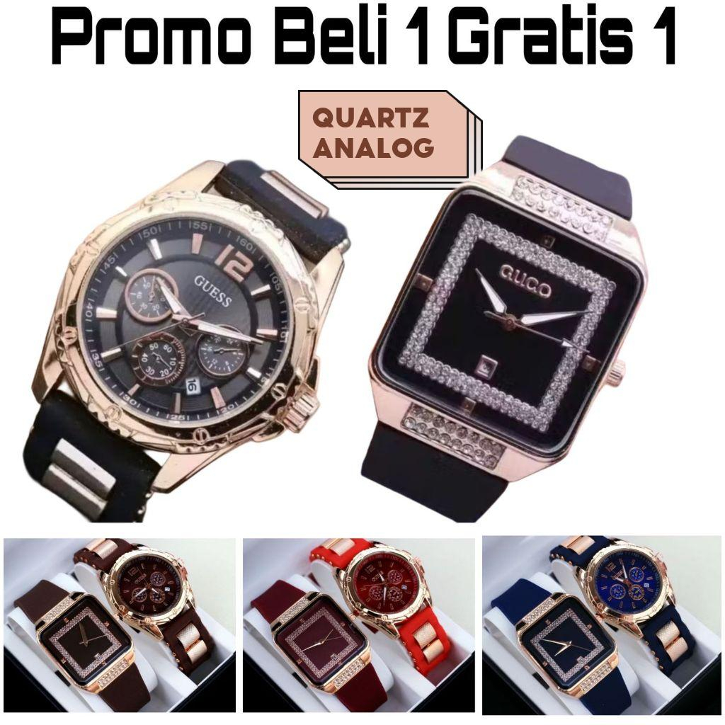 JAM TANGAN COUPLE PASANGAN RUBBER SPORTY DIAMETER PRIA 45MM WANITA 35MM FITUR ANALOG TANGGAL