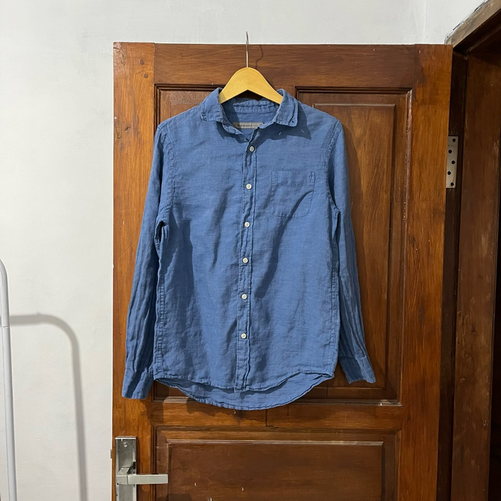 [M-L] Giordano Linen Straight Fit Long Sleeve - Blue Navy Vintage Vtg Retro Kemeja Garis-garis Salur