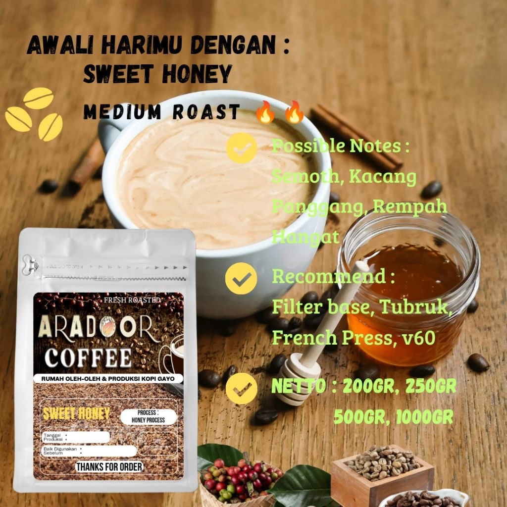 

Kopi Madu Arabika Gayo Honey Process Premium Coffee Powder and Roasted Bean