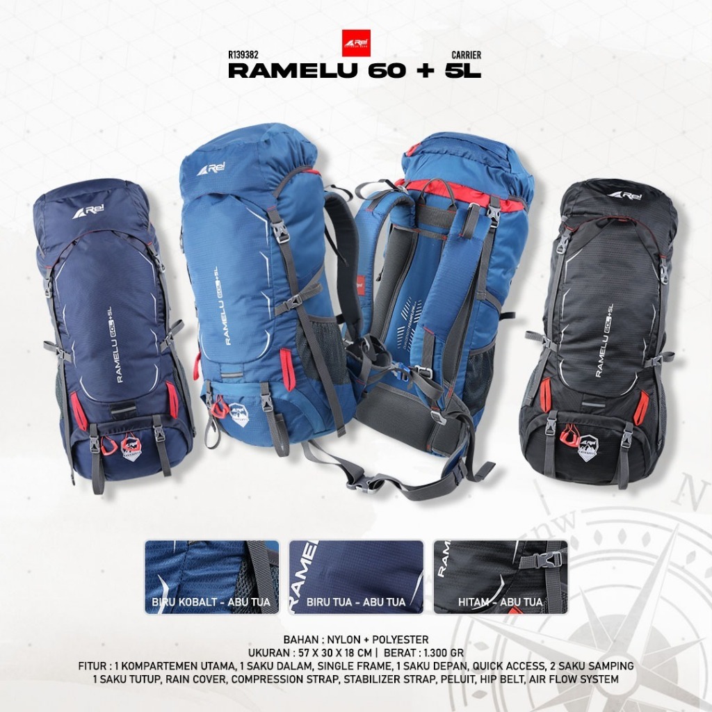 Tas Gunung / Carrier Ramelu 60+5 Liter Arei Outdoorgear Carrier 60L Free Raincover