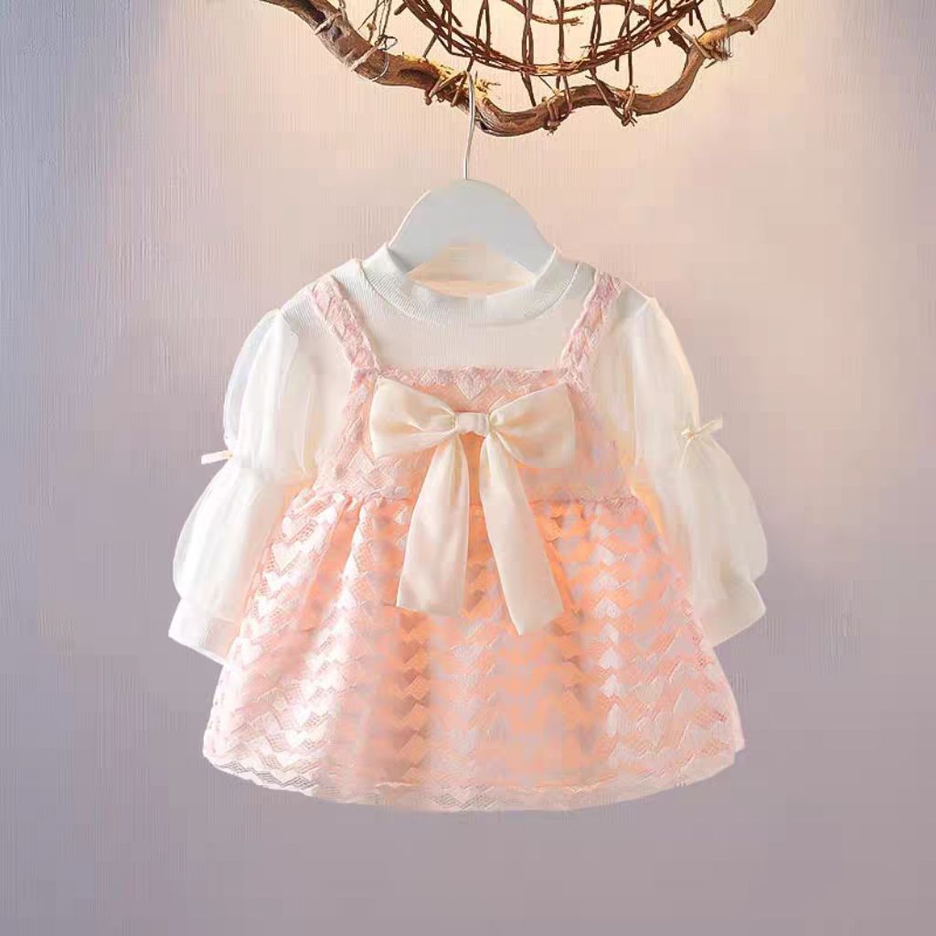 LaRubi - Dress pita peach pink lengan panjang anak bayi perempuan 0 3 6 9 12 18 24 bulan 1 2 3 tahun