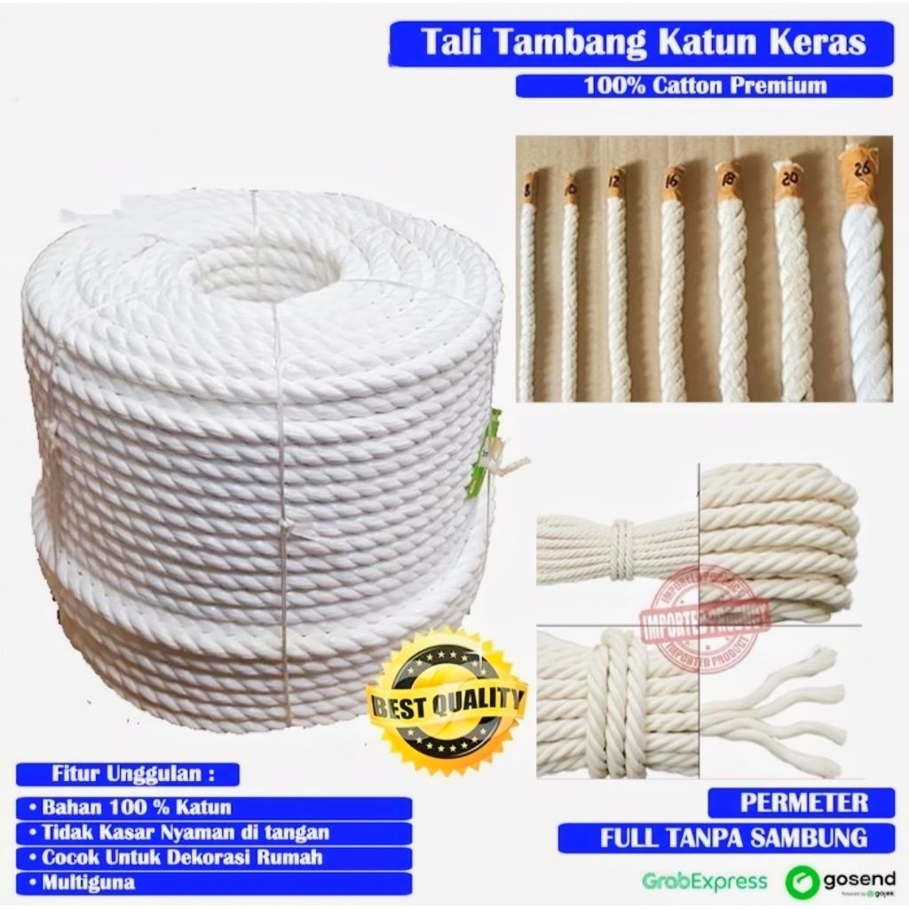 Tali Tambang besar- tali tambang Kuralon Warna Putih 6mm 8mm 10mm 12mm 14mm -