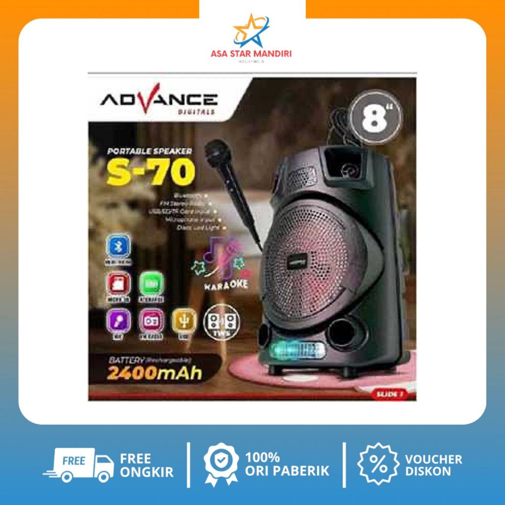 Advance Speaker Bluetooth Music & Karaoke S-70 8inch Free Mic / Speaker Bluetooth Karaoke Advance 8 