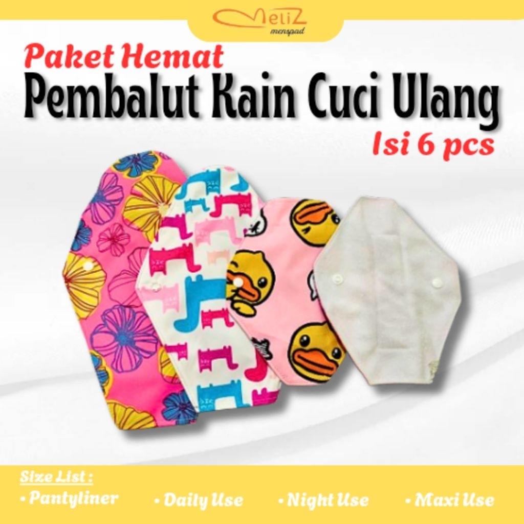 Meliz Menspad | Paket Hemat 1 pack ( 6 pcs),Pembalut Kain Wanita, Pembalut Wanita, Pembalut Kain Cuc