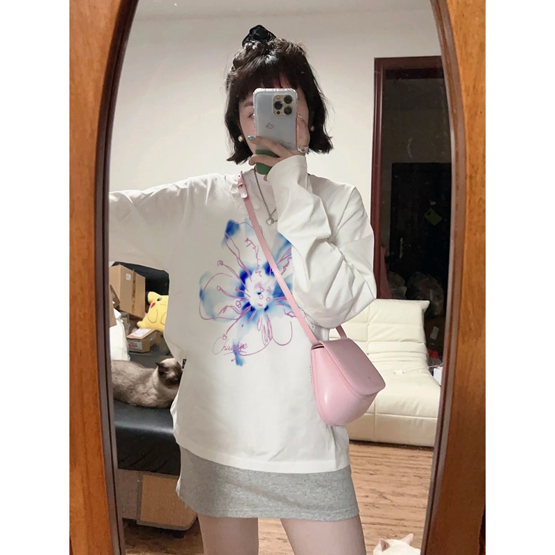 YIKOO - Kaos Oversize Bunga Gradasi Biru-Merah Muda Lengan Panjang T Shirt Wanita Baju