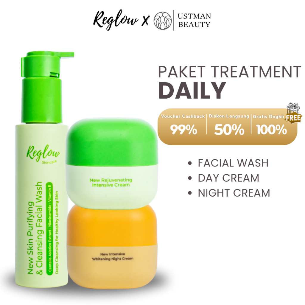 REGLOW PAKET SKINCARE DAILY TREATMENT DAY CREAM SERUM  FACIAL WASH MENUNDA PENUAAN DINI SALE