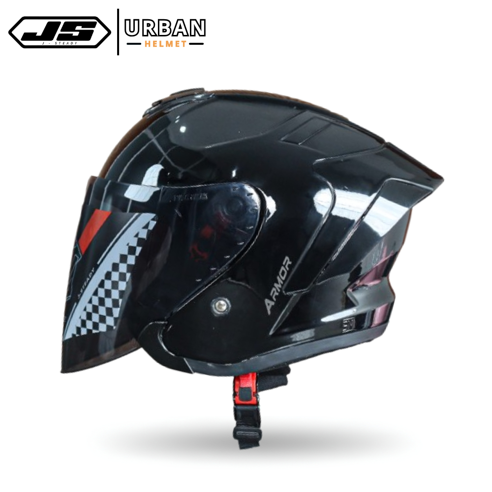 Helm JS Armor Ori Black Glossy - Helm Half Face - Helm Pria Keren Anti Silau Paket Ganteng sudah SNI