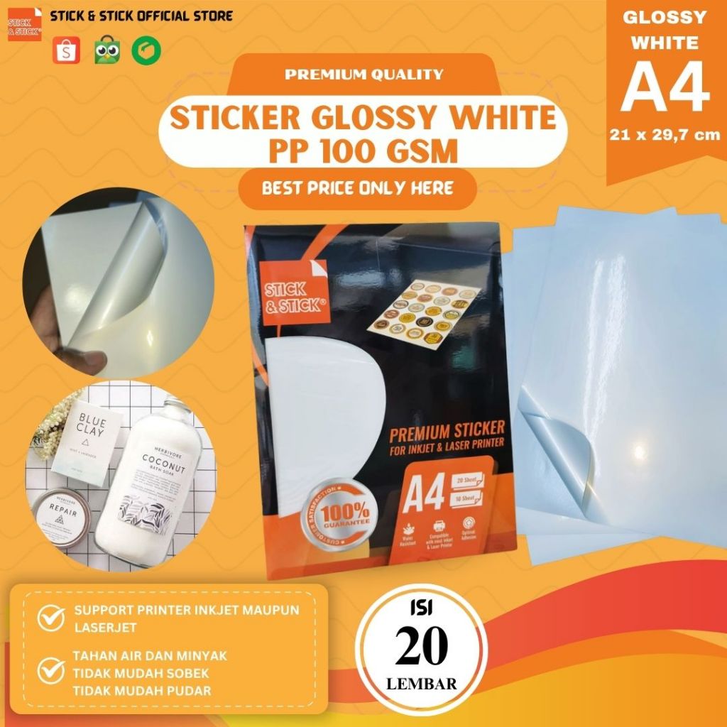 

Sticker Gloss White PP 100 Gsm A4 Isi 20 br / Label Promosi, Anti Air, Bisa Printer Inkjet & Laser