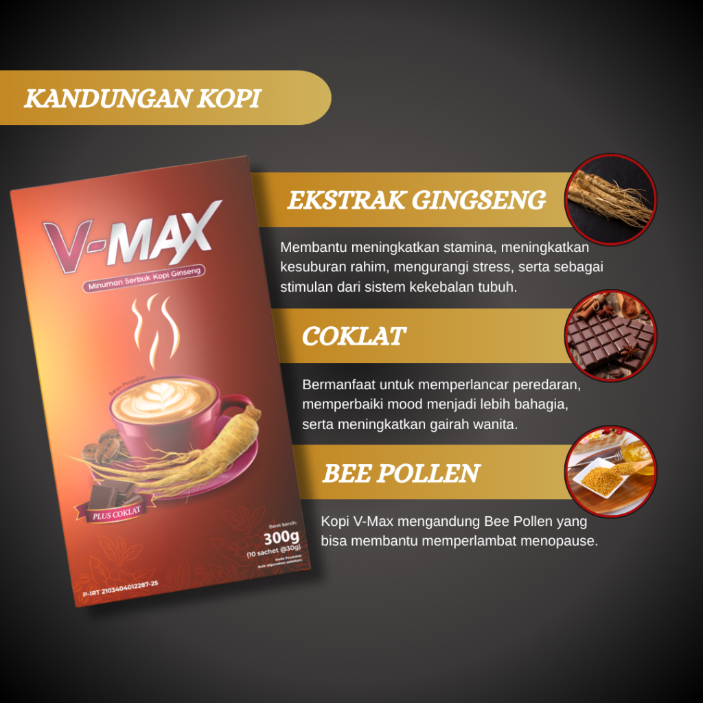 

VMAX Coklat Kopi Gingseng Rasa Coklat Minuman Instan Khusus Wanita Original HALAL