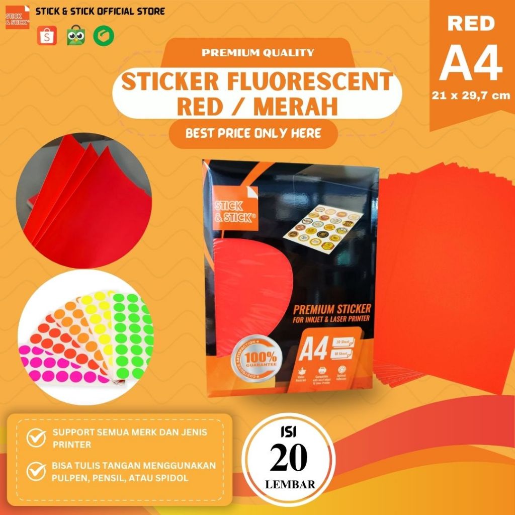 

Sticker Fluorescent Red 70 gsm A4 20 Lbr / Stiker peringatan, Warna lebih nyala, stiker branding