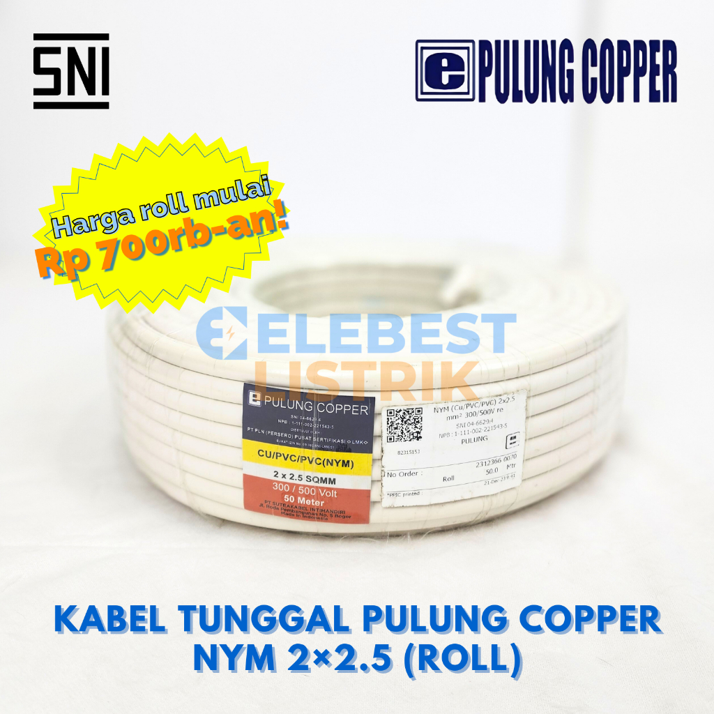 (ROLL) NYM 2x2.5 mm² PULUNG COPPER - Kabel Kawat Tembaga Tunggal Putih Isi 2 x 2,5 - 50 / 100 Meter