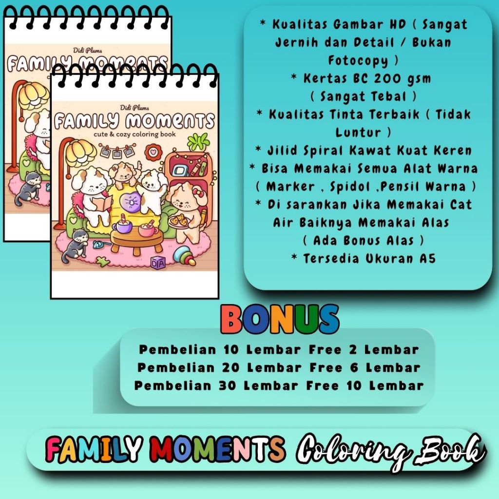 

FAMILY MOMENTS Buku Mewarnai Coloring Book Cute And Cozy Kertas Sangat Tebal 200 gsm Gambar HD Jernih Tema Bagus