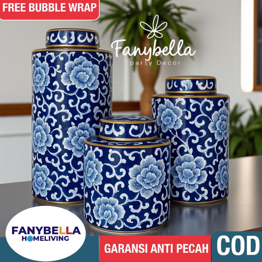 Guci Toples Keramik China Tochin Biru Putih Import Guci Porselen Dekorasi Rumah