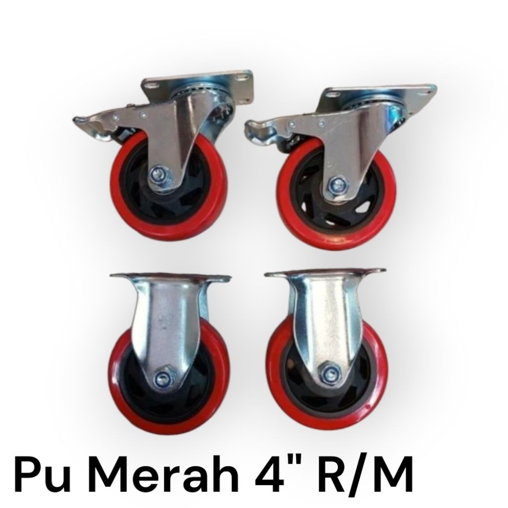 Roda Troli Pu Merah 4 inch 2Rem + 2Mati