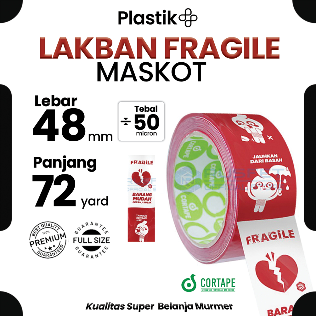 Lakban / Selotip / OPP Tape Printing Fragile Maskot Lucu 2inch 48mm x 72yard Cortape Harga Satuan