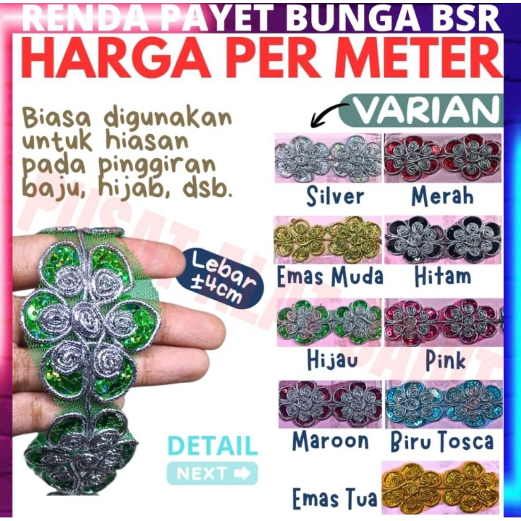 Renda payet bunga besar aksesoris accessories hias hiasan pinggiraan atasan bawahan baju gamis celan