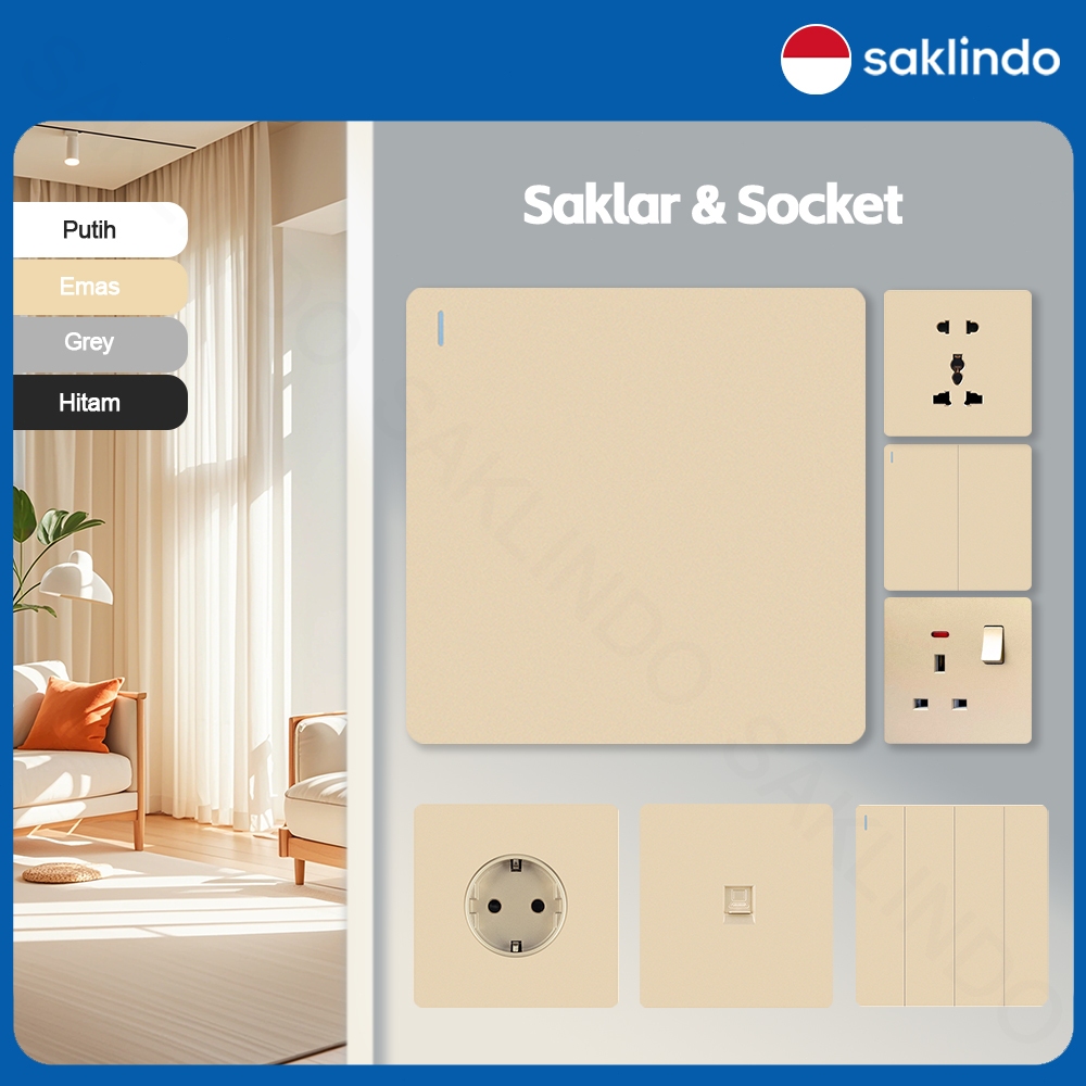 Saklindo Saklar Stop Kontak Dinding Tempel Saklar Lampu Rumah Modern Switch On Off AC Gold/Emas