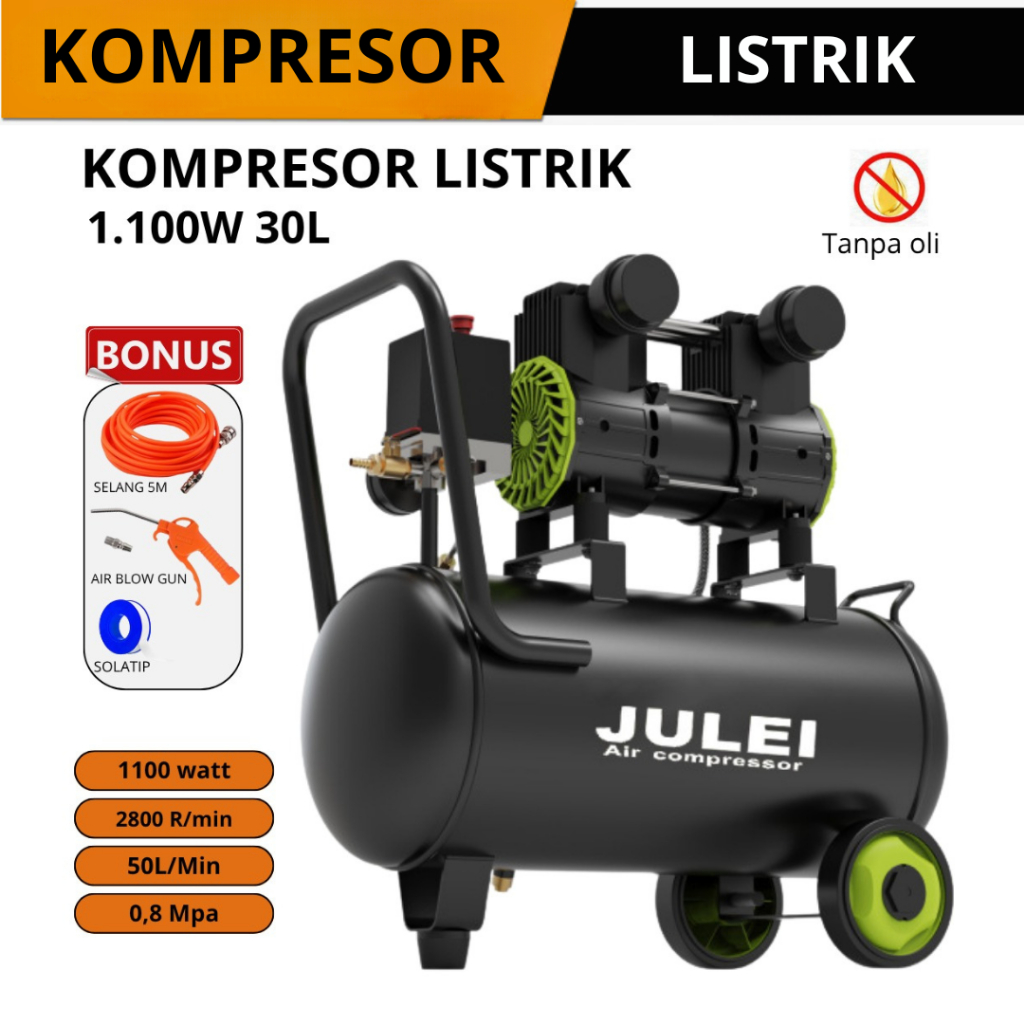 JULEI Mesin Kompresor Listrik 8 BAR Kompresor Angin 30L Mesin Kompresor Angin Listrik Tanpa Minyak