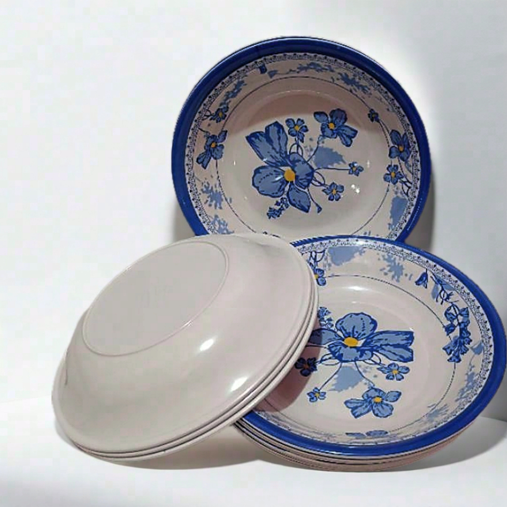 Promo 1 lusin Piring Melamin cekung motif biru | Piring lontong | Piring makan kuah |Piring Melamin