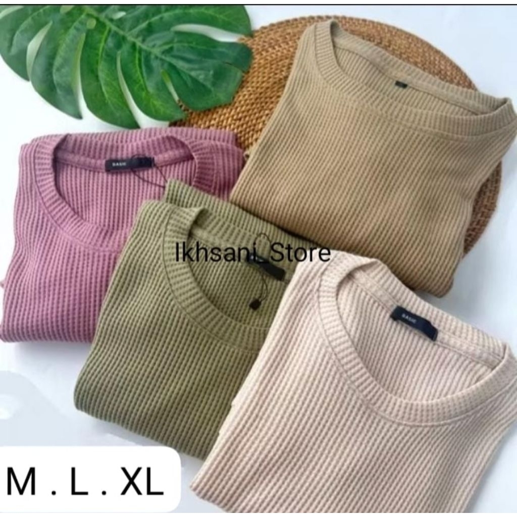 KAOS WAFFLE WAFER LENGAN PANJANG WANITA / BASIC CREWNECK POLOS SWEATSHIRT WAFFEL UNIQLO