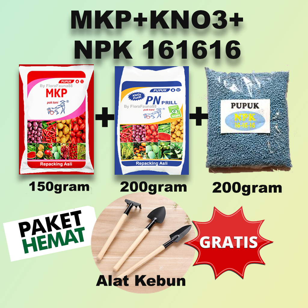 ANGGUR Beli Pupuk Paket Pupuk Anggur NPK 16-16-16 200g, MKP 150g, KNO3 200g, Bonus 3 Alat Kebun Pupu