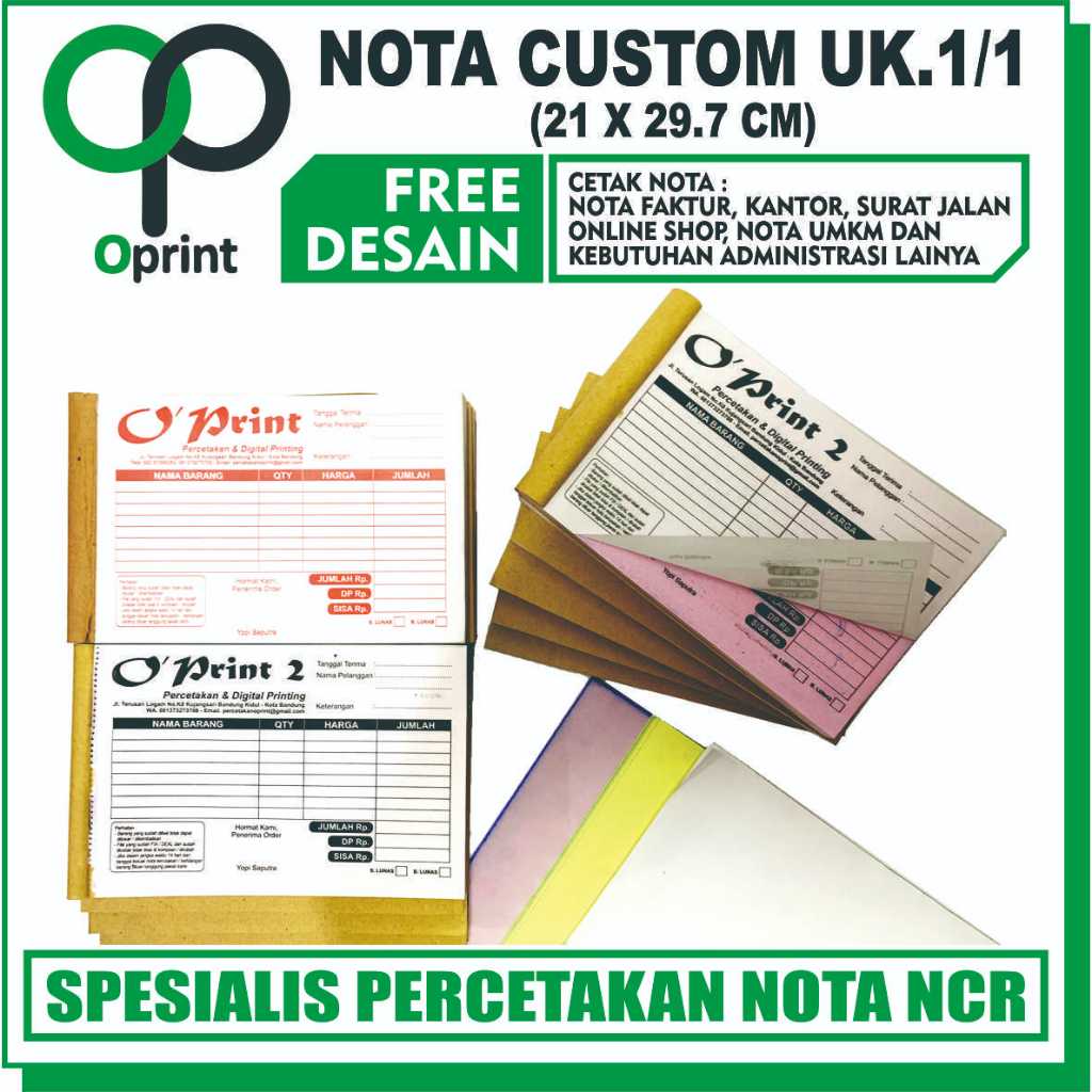 

NOTA Bon NCR, Ukuran 1/1 (21 x 29.7 cm), isi 25 set, GRATIS DESAIN CUSTOM, FULL COLOUR