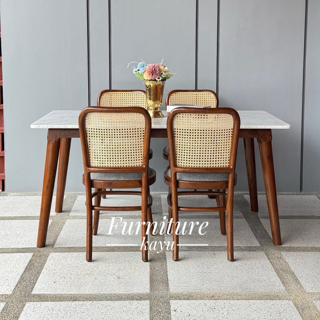 meja makan marmer, meja makan murah kayu jati, meja makan minimais kayu jati top marmer