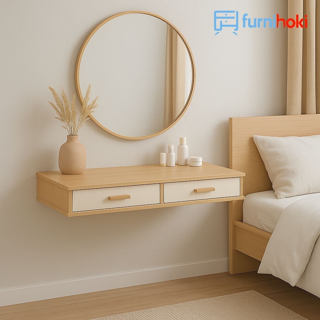 Meja Rias Gantung Minimalis 2 Laci Tempel Dinding Plywood Rel Double Track – FurniHoki
