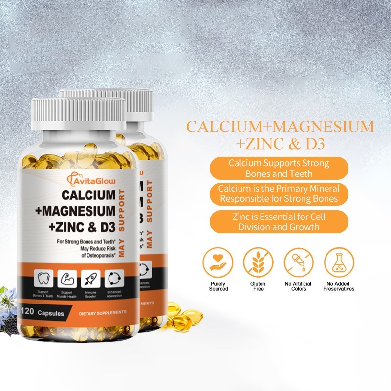 Kalsium, magnesium, seng, vitamin D3, kapsul 120 butir, vitamin D3, kalsium dan magnesium.