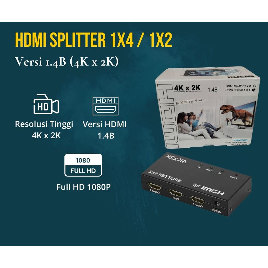 HDMI Splitter 1x2 / 1x4 4K 1.4B Support 1080P – Pembagi HDMI untuk TV, Monitor, Proyektor, CCTV, Lap