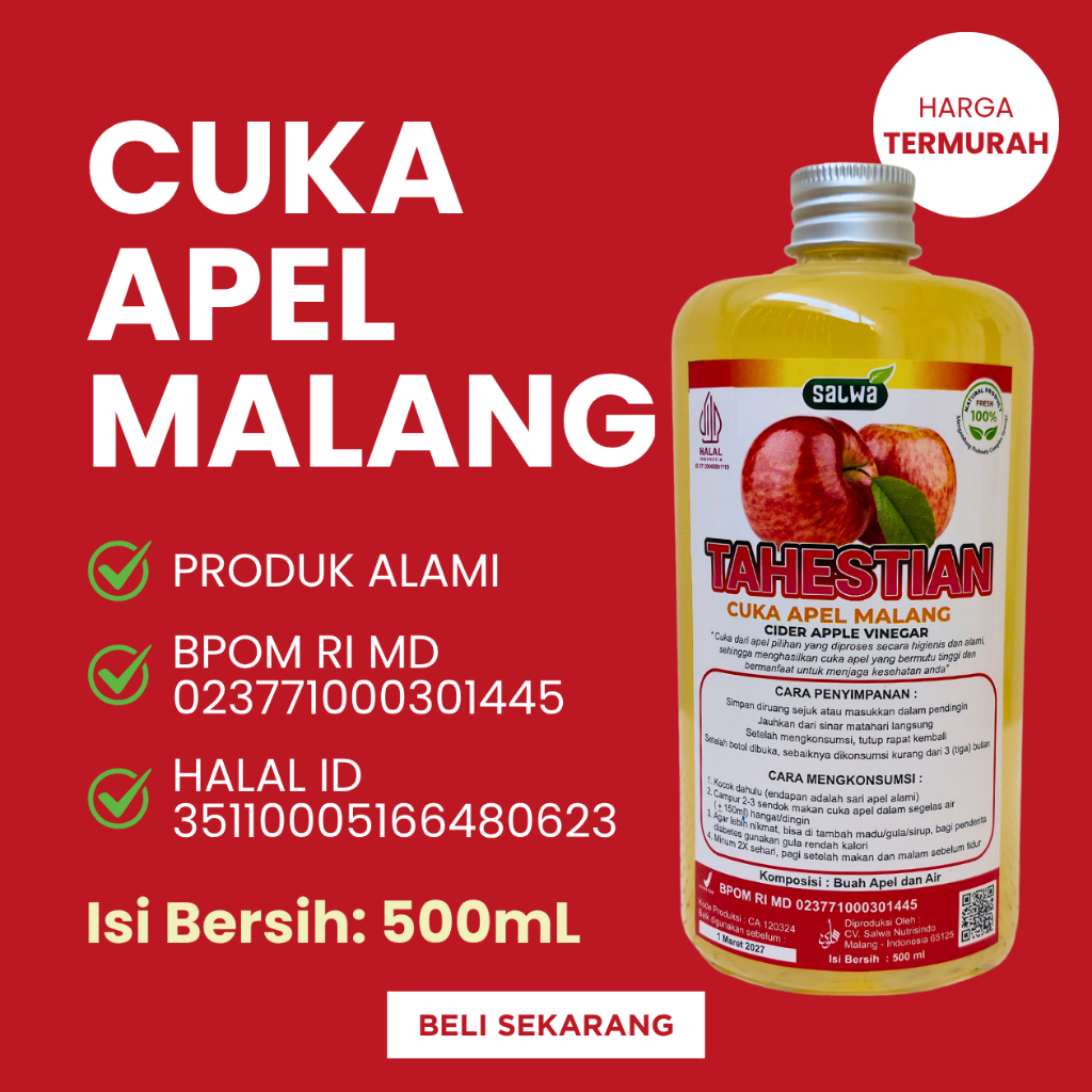 

Cuka Apel Malang Tahestian 500ml with Mother Tanpa Proses Pemasakan Kemasan Aman Bubble Wrap Halal BPOM