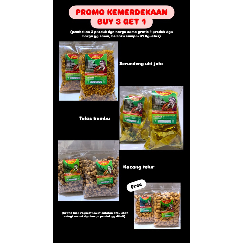 

(PROMO PAKET KEMERDEKAAN PRODUK Harga 10.000) Serundeng, Talas bumbu, Kacang telur, Keripik Usaha Inyak