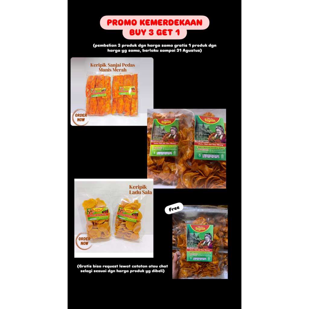 

(PROMO PAKET KEMERDEKAAN PRODUK Harga 15.000) Keripik sanjai pedas manis, Keripik sanjai bulat pedas manis, Keripik ladu sala, Keripik Usaha Inyak