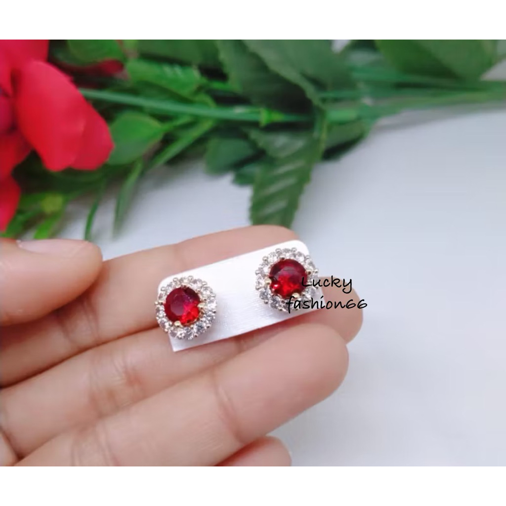 Anting tusuk titanium permata merah silver