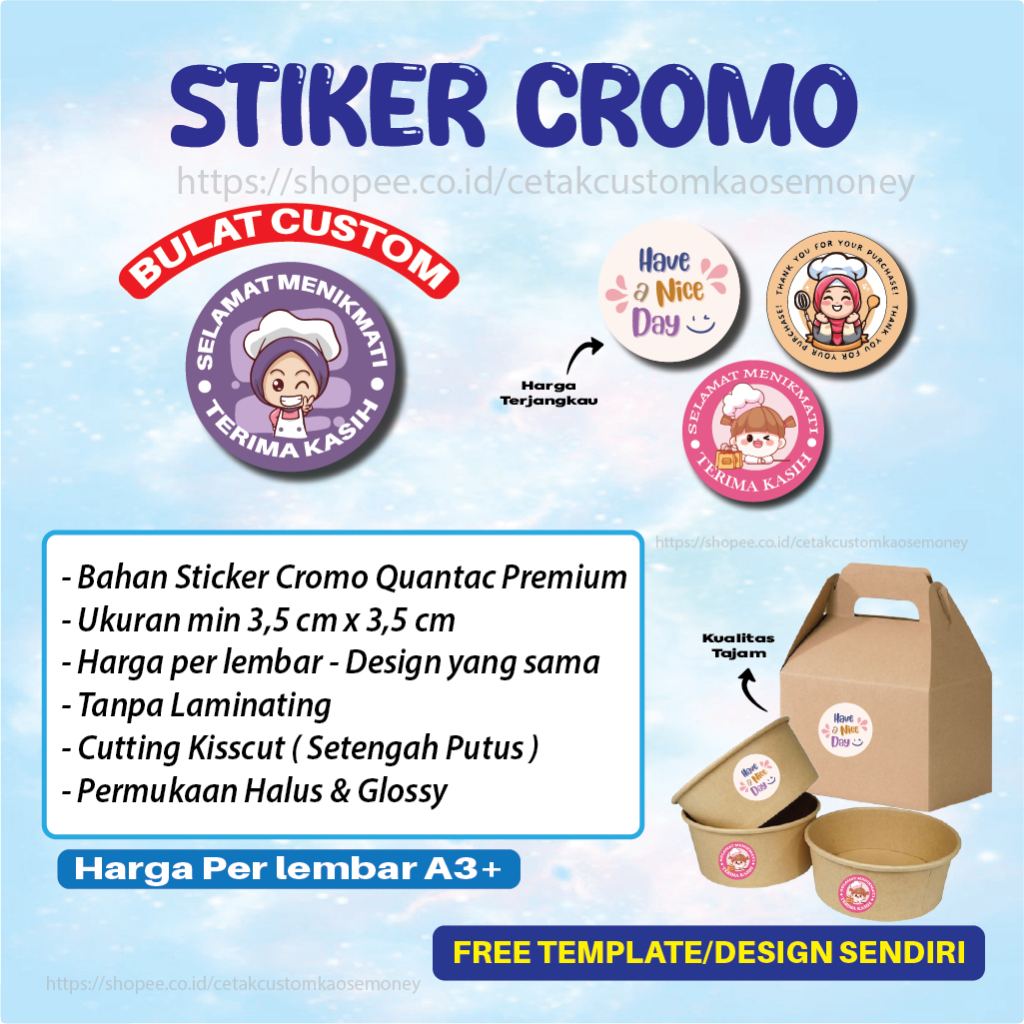 

Cetak Stiker Cromo Bulat Logo Label Makanan Custom Chromo A3+ Print Sticker Thank You Card Lingkaran