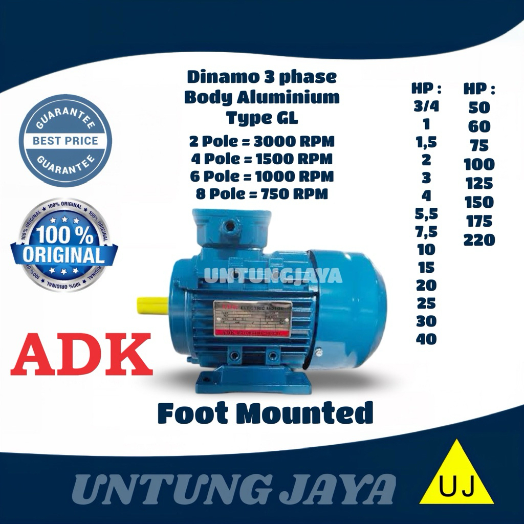 DINAMO ELEKTRO MOTOR ADK 3 PHASE 1/4 HP 4 POLE 1500 RPM // ELECTRO MOTOR ADK 3PHASE 0,25HP 4POLE 150