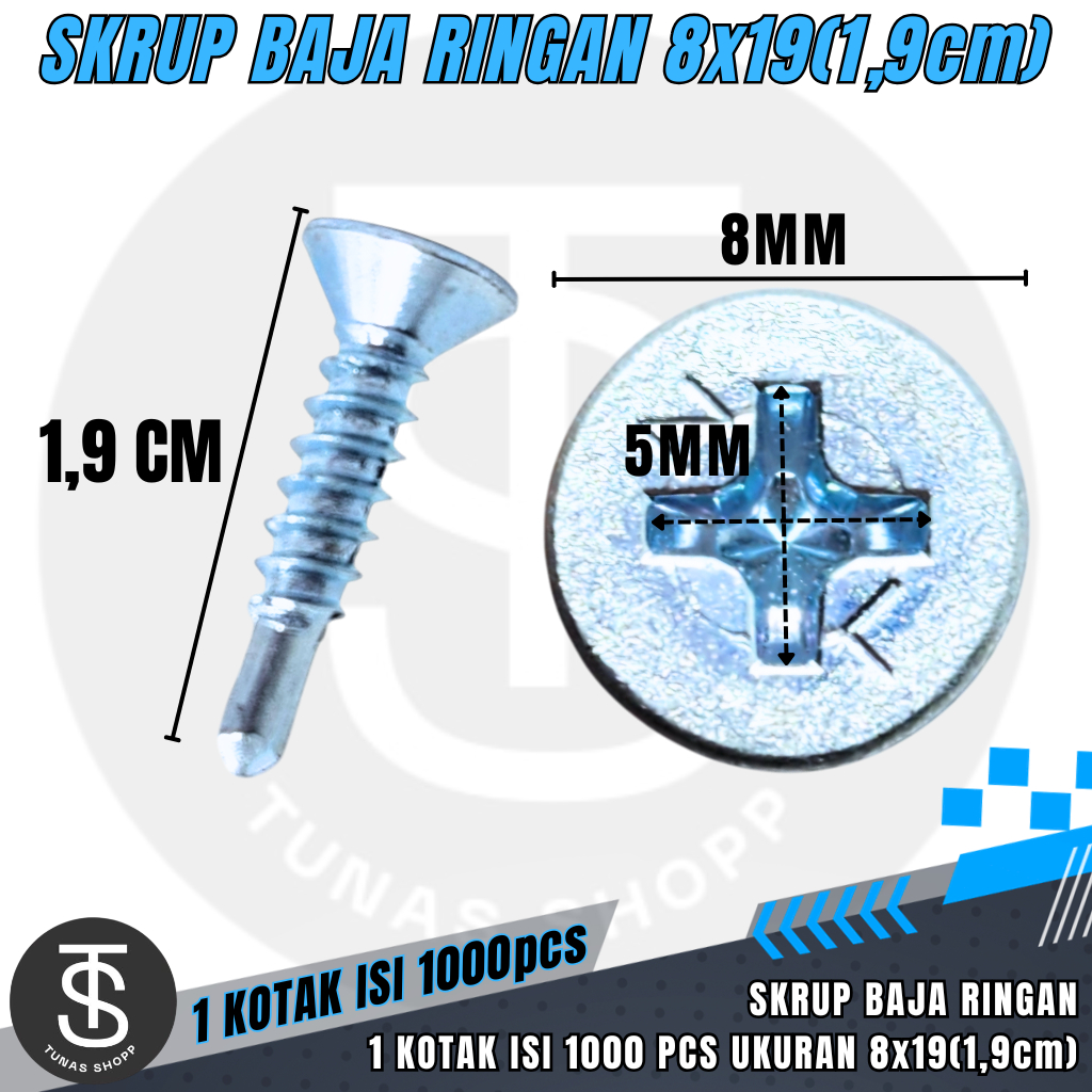 1 KOTAK Skrup Baja Ringan #8x19 / Sekrup Baja Ringan 1,9cm / Skrup Baja Ringan 1 KOTAK Isi 1000pcs /