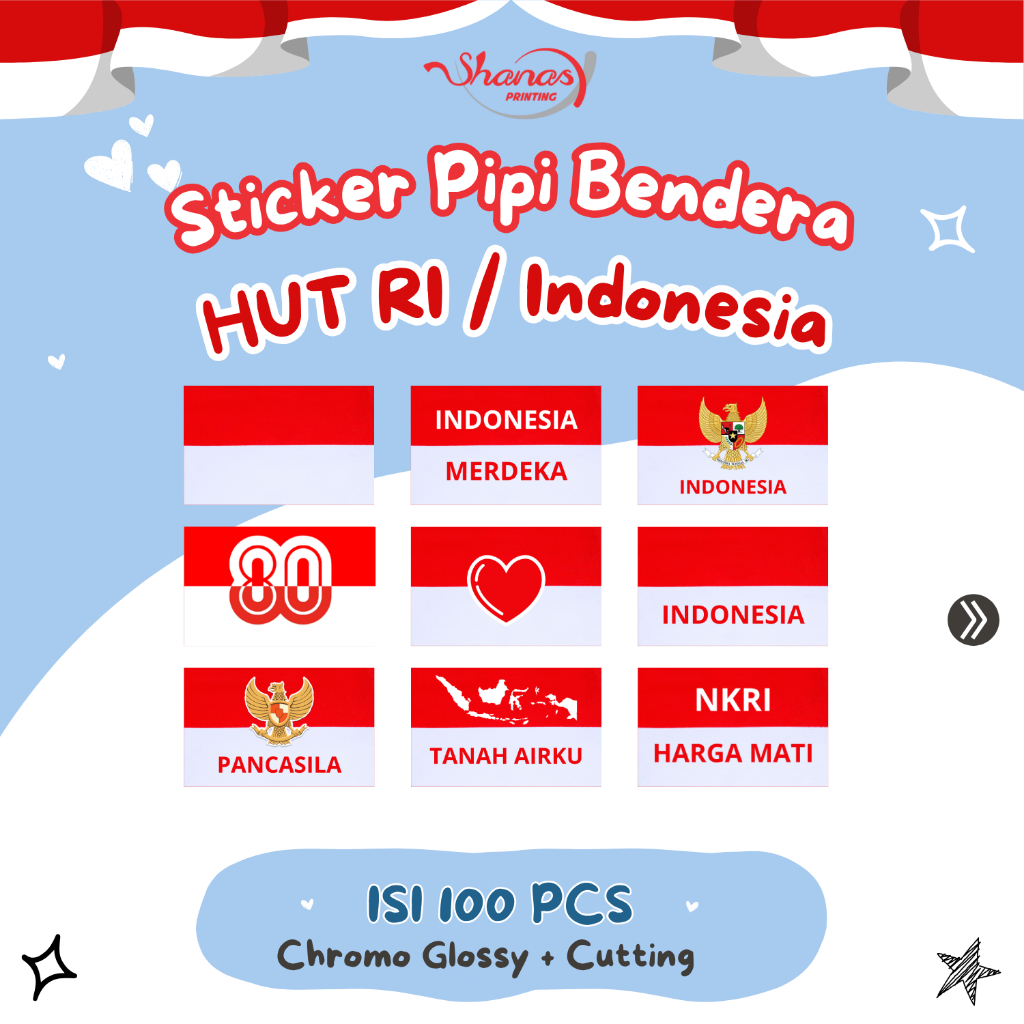 

Sticker Bendera Pipi HUT RI / Dirgahayu Indonesia 1 Set Isi 100pcs
