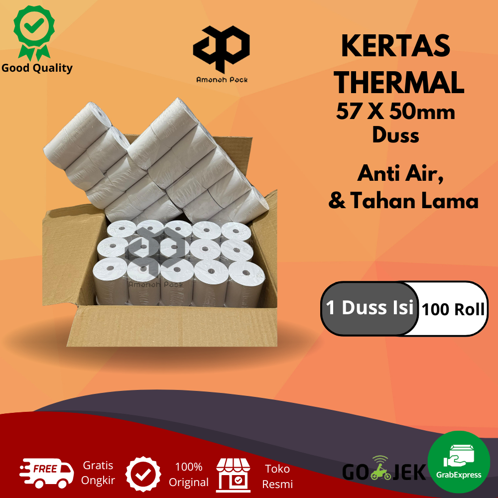 

KERTAS STRUK THERMAL PAPER ROLL 57x50 (1 Dus isi 100 Roll )TERMAL EDC THERMAL PRINTER MINI BLUETOOTH 57MM CORELESS