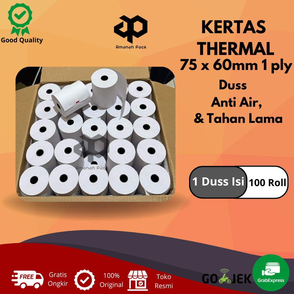 

KERTAS STRUK THERMAL PAPER ROLL 75x60 1 Ply (1 Dus isi 100 Roll )TERMAL EDC THERMAL PRINTER MINI BLUETOOTH 75x60MM