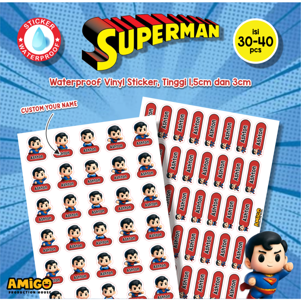 

Sticker Label Nama Superman Stiker ATK Kids Super Hero Custom Waterproof Alat Tulis
