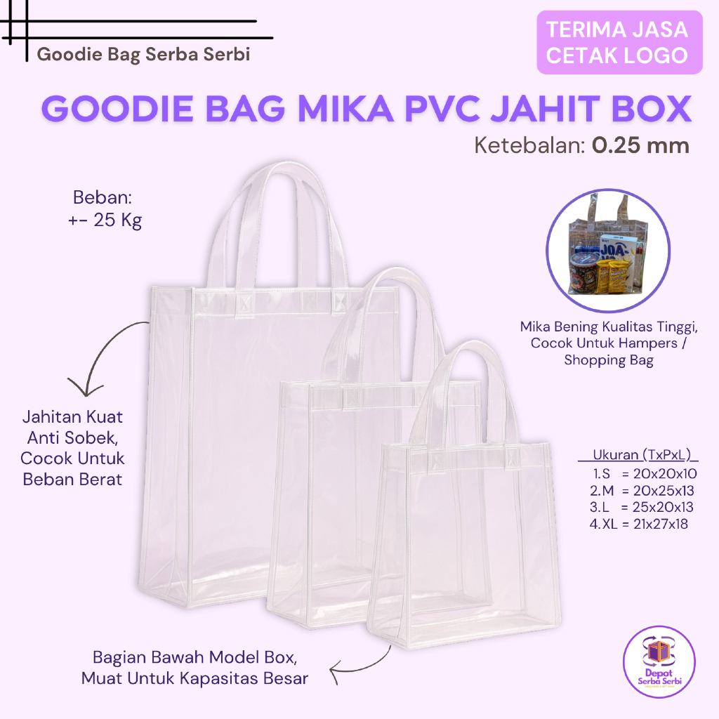 

Tas Mika Bening PVC Jahit Box Tebal 0.25 mm Goodie Bag Souvenir Snack Ulang Tahun Hampers Cetak Logo