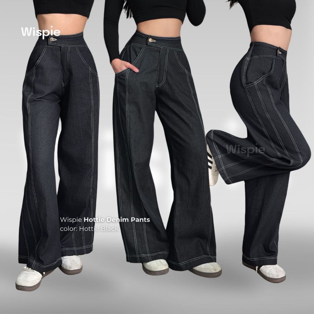 Wispie Hottie Pants | Celana Panjang High Waist Baggy Denim Wanita Hitam Maroon