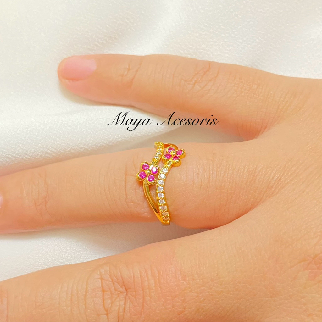 Cincin Titanium Berlapis Emas 22k Model Permata Bunga Ungu