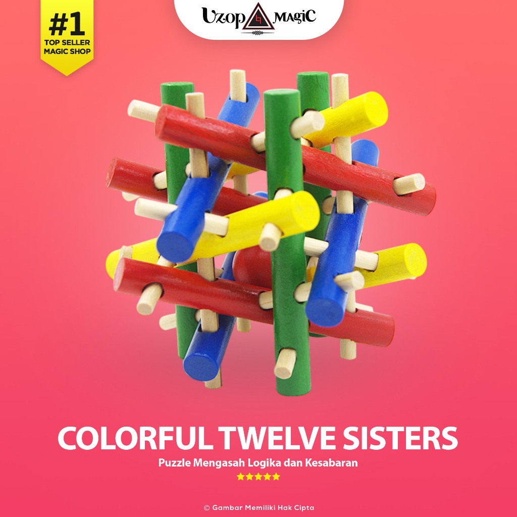 Puzzle Kayu 3D Kongming Lock Colorful Twelve Sister - Puzzle Edukatif Anak & Dewasa - Uzop Magic Sho