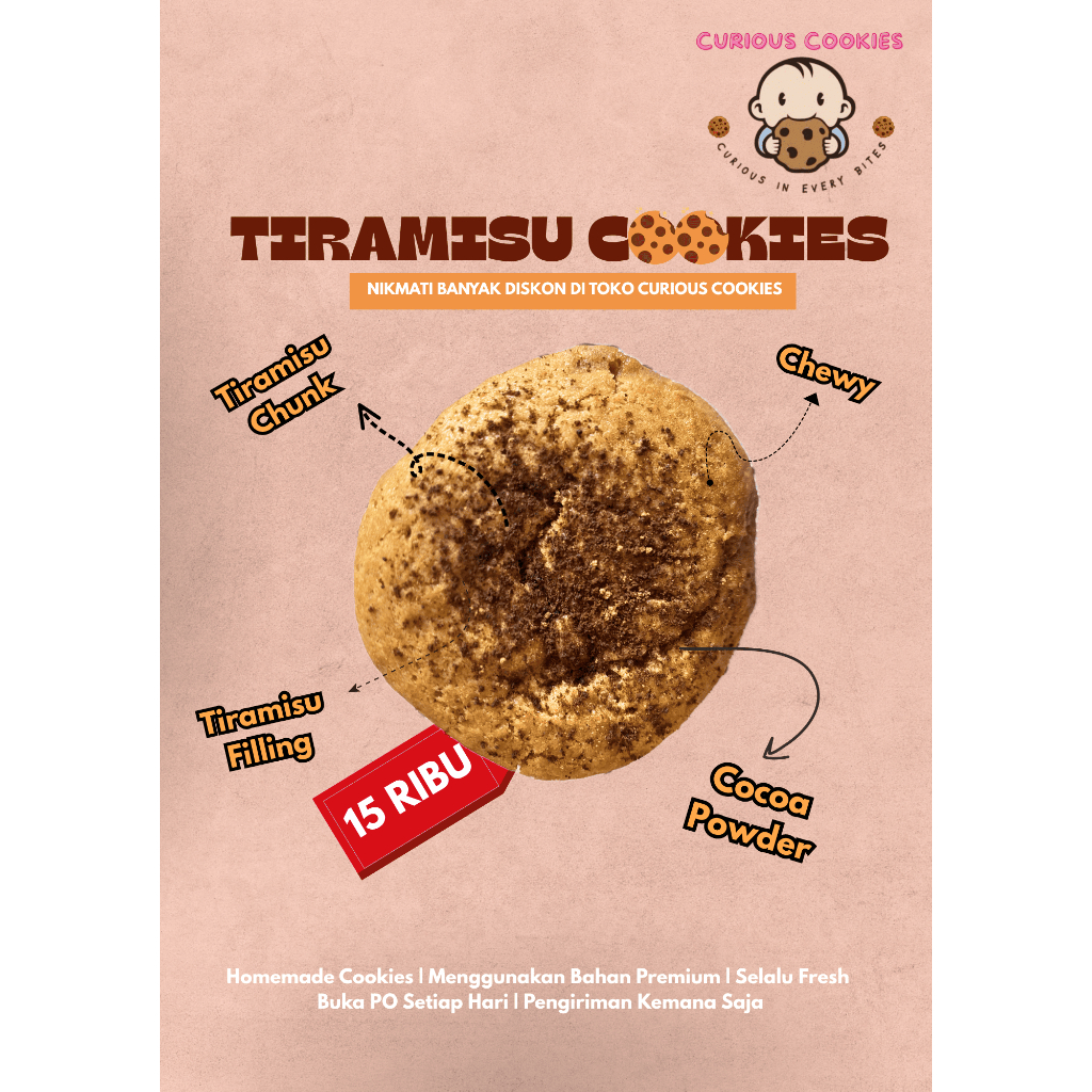 

Tiramisu Cookies Hanya 15 Ribu, Bahan Premium, Tiramisu Filling dan Cocoa Powder