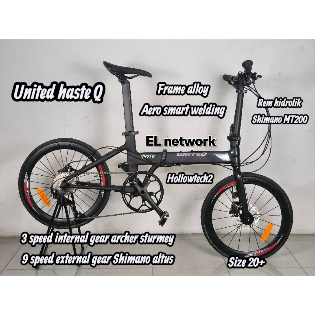 sepeda lipat united haste Q Black internal 3 speed + external gear 9 speed